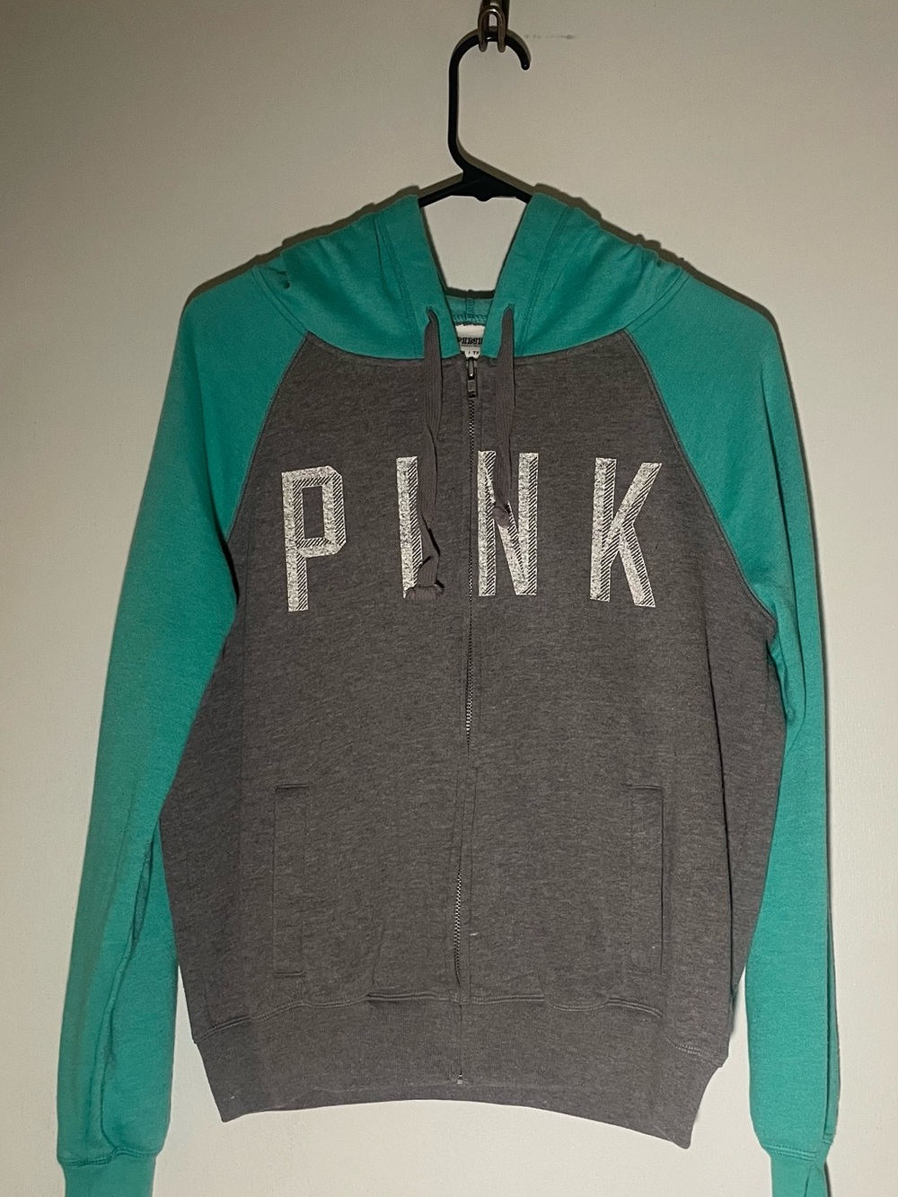 90c PINK Victoria's Secret Gray & Teal Girls' Zip-Up Hoodie Size XS